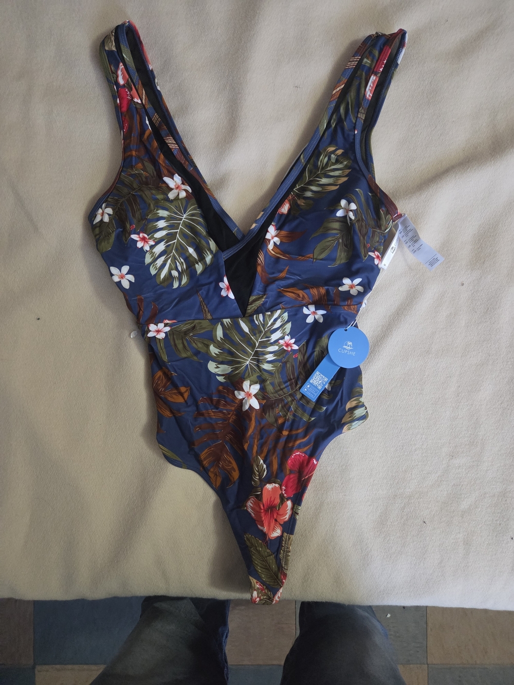Cupshe Navy Blue Floral One-Piece with Red & White Blooms